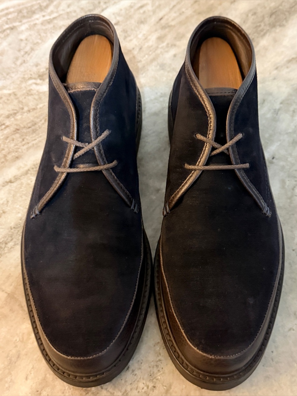 ERMENEGILDO ZEGNA BLUE SUEDE CHUKKA BOOTS US 11 DESERT BROWN LEATHER $1000